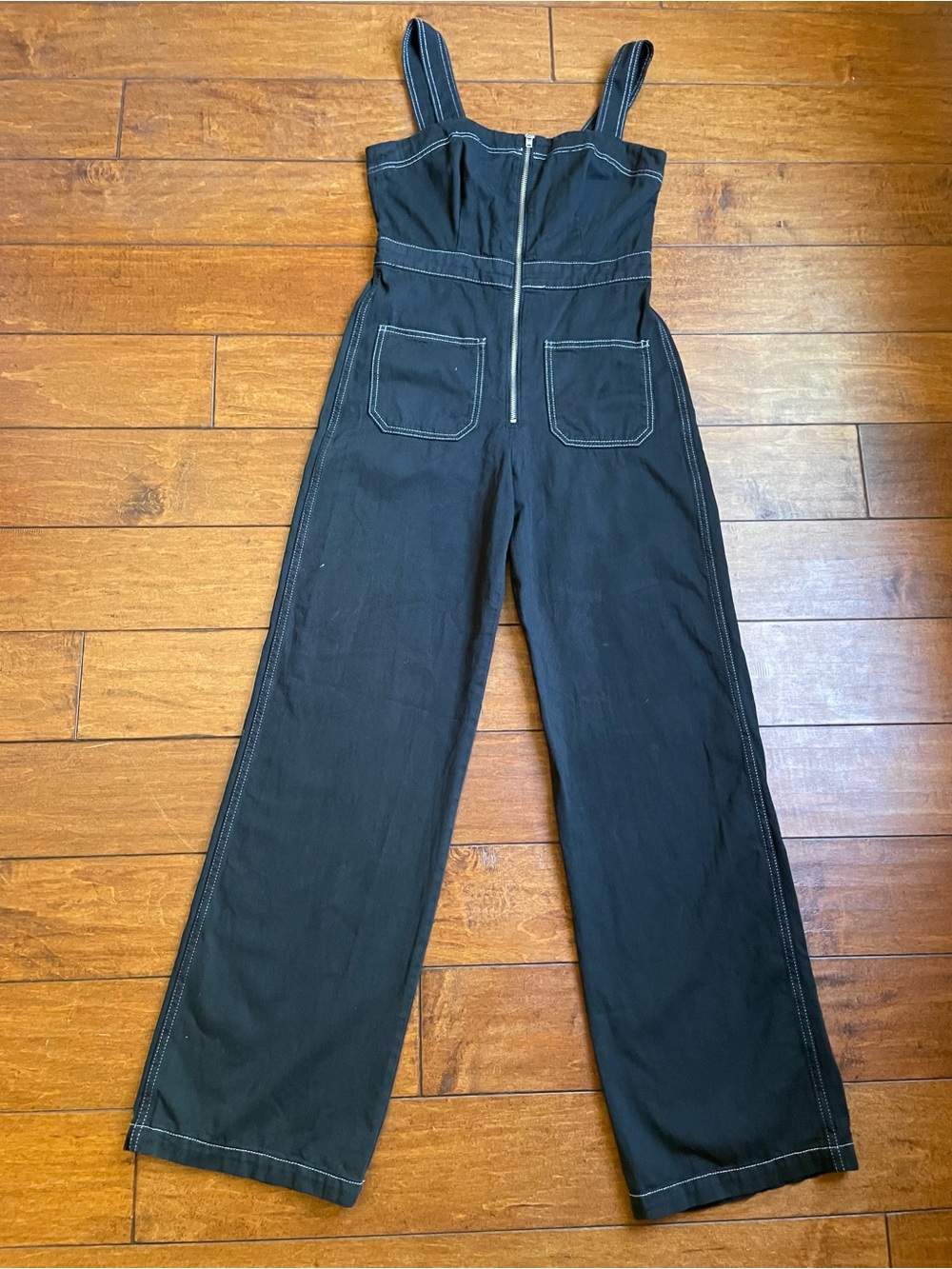 Reformation Amory Topstitch Wide-Leg Denim Jumpsuit Black S